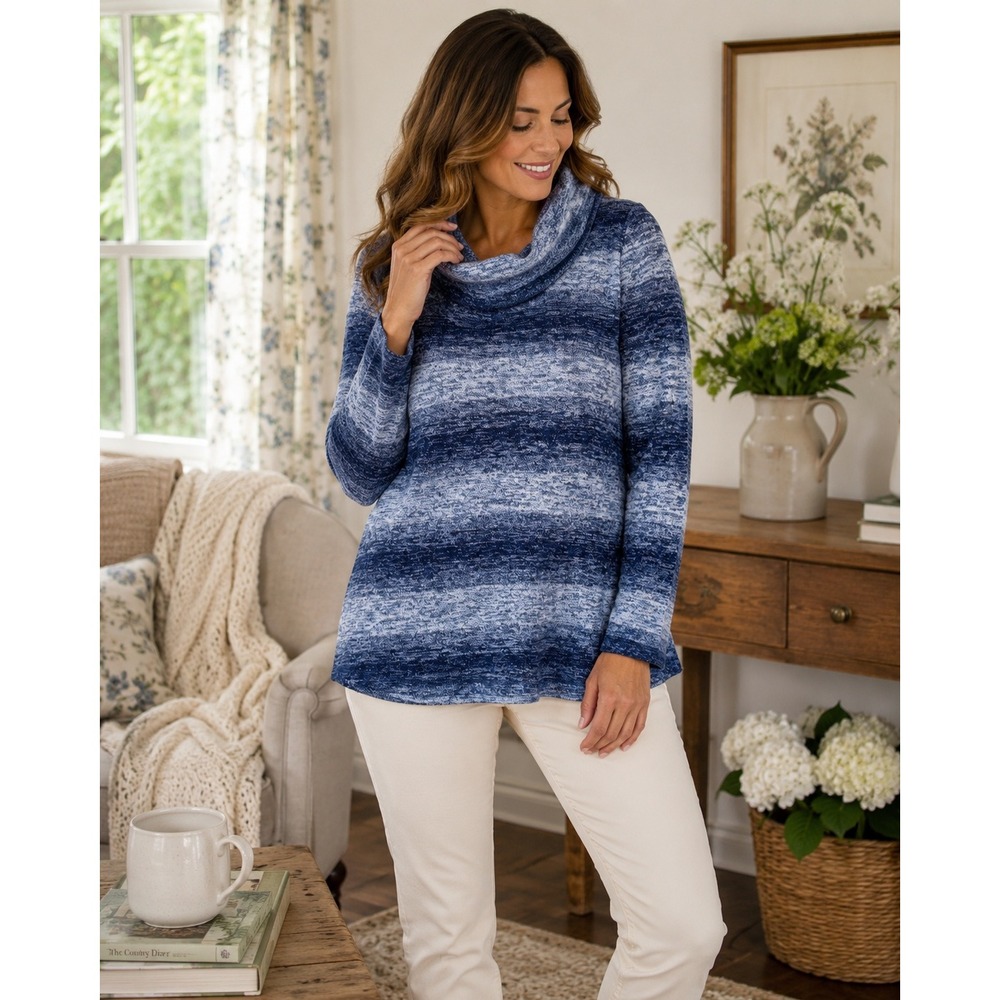 K172. T by Talbots Blue‎ Space Dye Cowl Neck Long Sleeve Top Striped Pullover